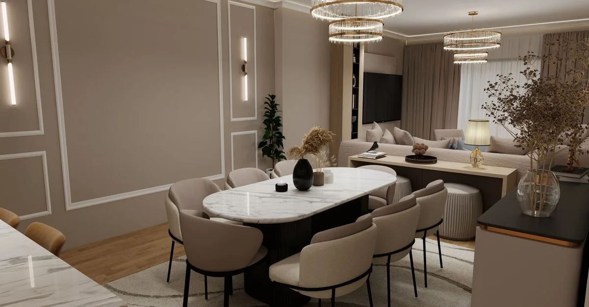 Intérieur élégant et contemporain d'une salle à manger et d'un salon, avec un décor chic et un éclairage doux.