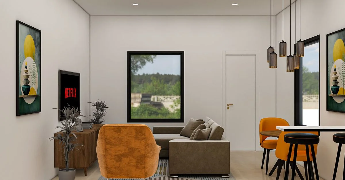 Salon moderne et élégant avec des touches d'orange et une décoration artistique, idéal pour les maisons contemporaines.
