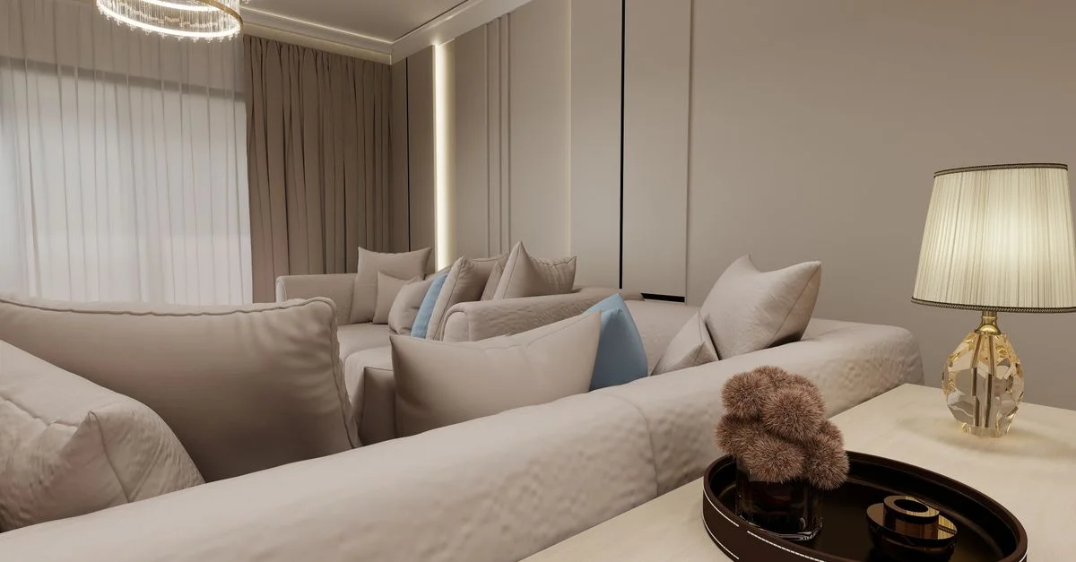 Salon moderne et élégant avec sièges confortables et éclairage d'ambiance.