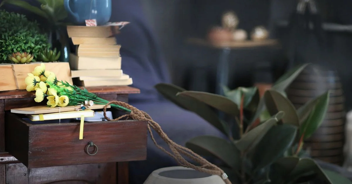 Un intérieur de maison cosy avec des livres, un meuble en bois et des plantes d'intérieur luxuriantes pour une atmosphère chaleureuse et accueillante.